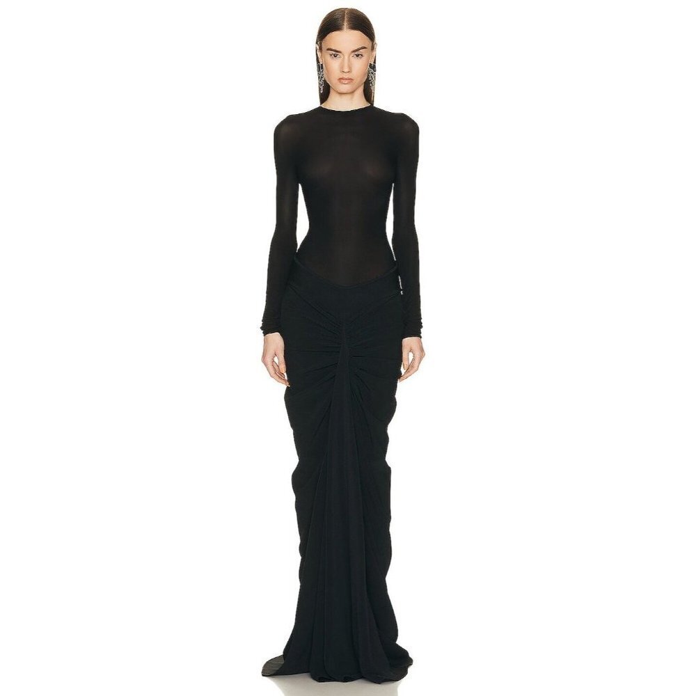 ALAÏA Mesh Crepe Draped Gown in Noir Black 42 New Womens Long Maxi Dress